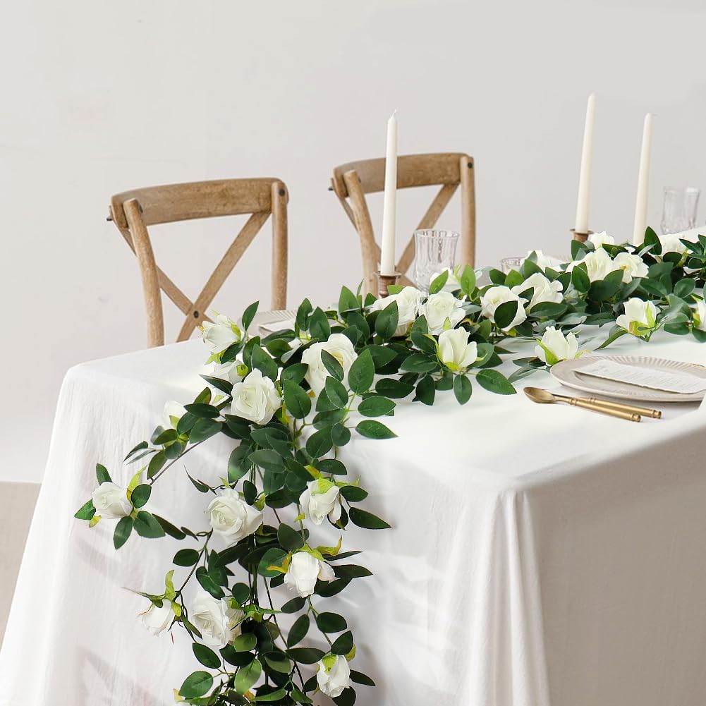 2Pcs Artificial Flower Garland 5.9ft Bendable Fake Rose Vine Hanging Silk Ivy Floral Plants Garland for Wedding Arch Party Outdoor Garden Ceremony Background Trellis Fence, Total 11.8Ft, White