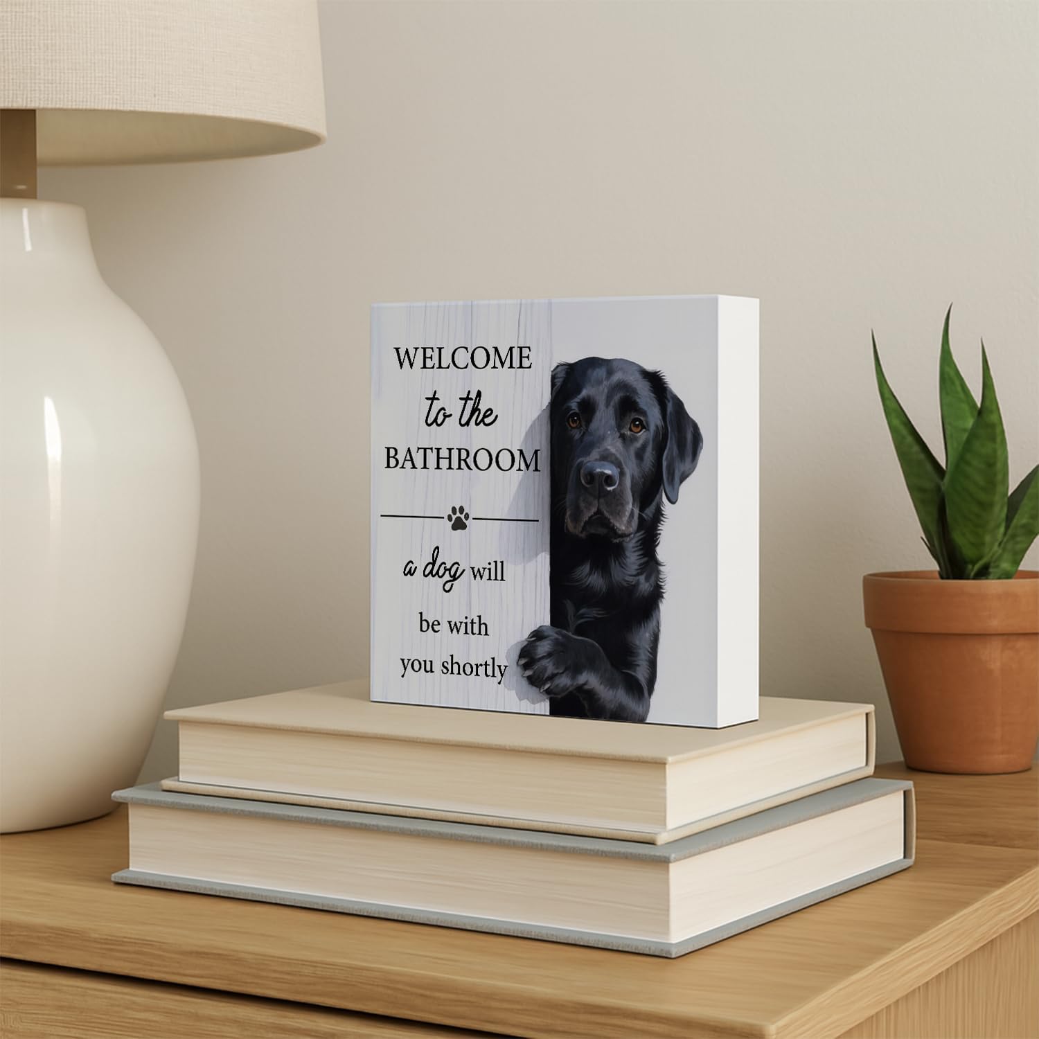 Black Lab Dog Bathroom Decor, Funny Labrador Retriever Wooden Box Sign Desk Decor, Welcome to the Bathroom a Dog Will Be with Wood Block Signs for Washroom Shelf Decorations, 5x5 Inch - Image 6