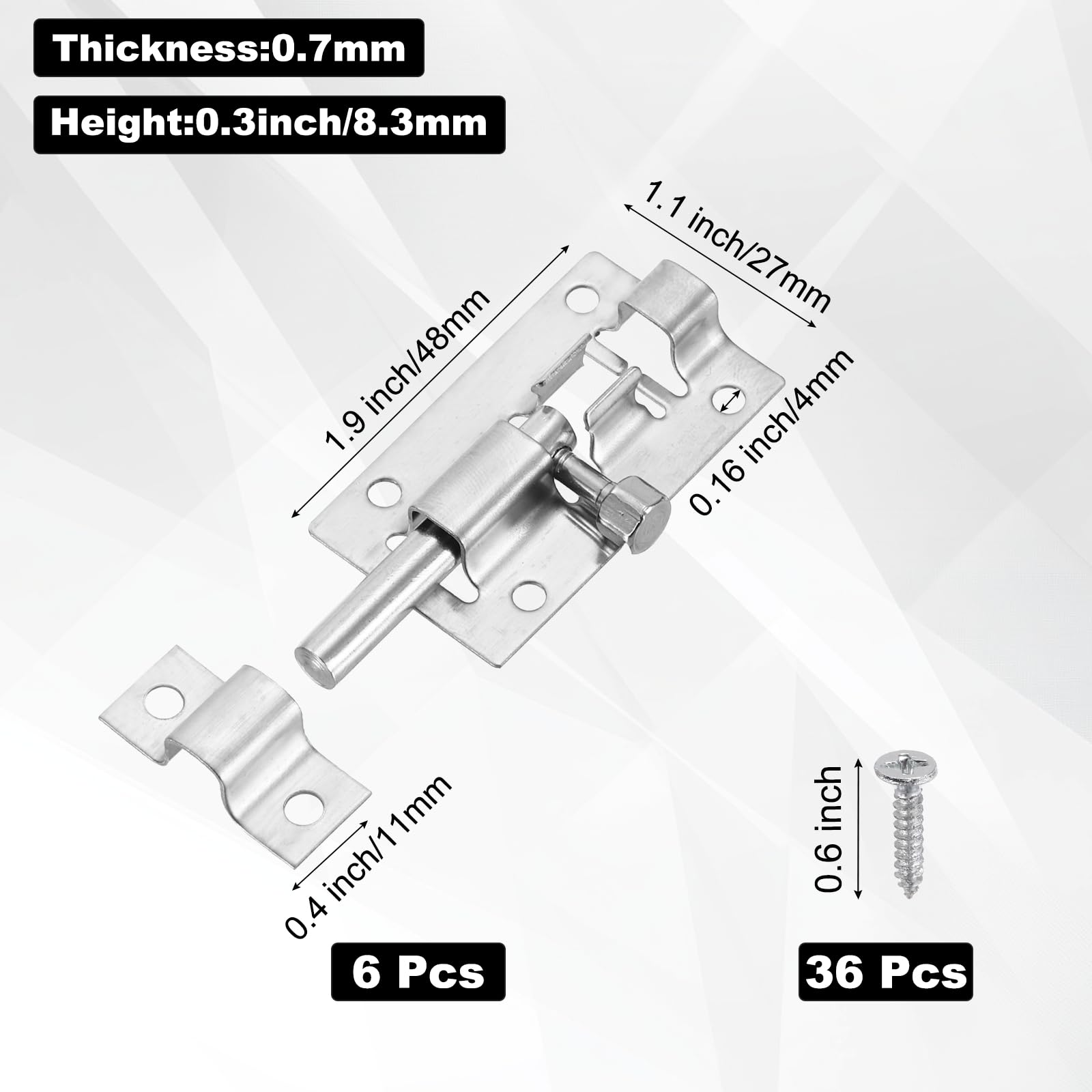 M METERXITY 6-Pack Barrel Bolt Latch, 2.4 Inch Stainless Steel Slide Bolt Latch Slide Locks for Inside Doors/Windows/Cabinets - Image 3