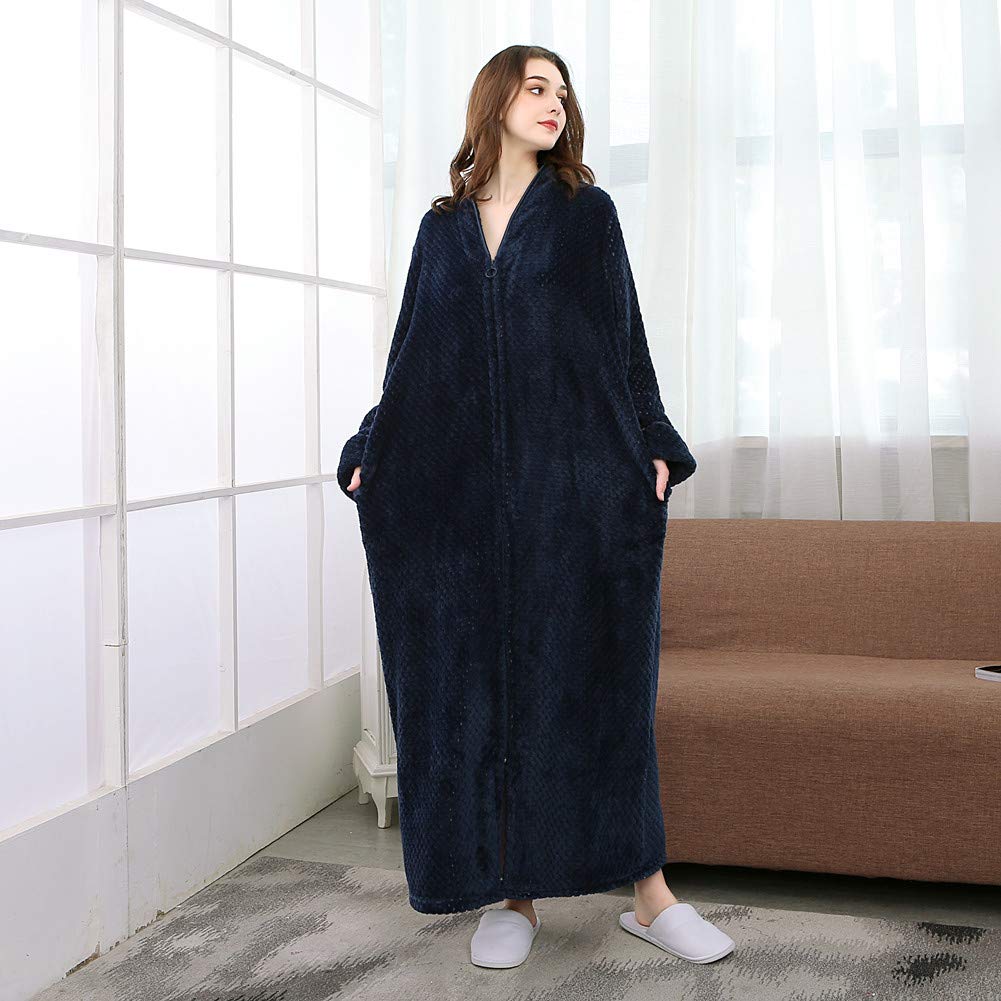Albornoz largo de forro polar con cremallera para mujer, bata de baño mullida