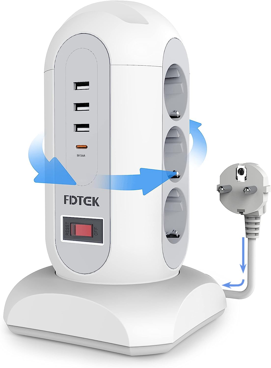 FDTEK Ciabatta Multipresa Verticale Torretta Multipresa da Scrivania con 3 USB-A & 1 Tipo-C e 9 Spina Tedesca, Prese Multiple Elettriche con Interruttore, Cavo Retrattile da 1,65 mt,Bianco 2500W/10A