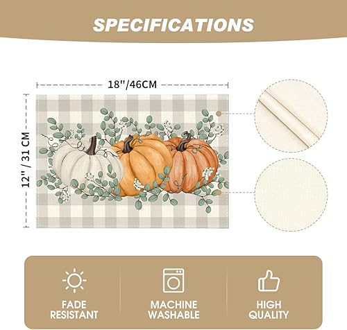 Miniatura 5 de Artoid Mode Juego de 6 manteles individuales de otoño con diseño de calabazas naranjas, hojas de eucalipto, 12 x 18 pulgadas, para decoración de