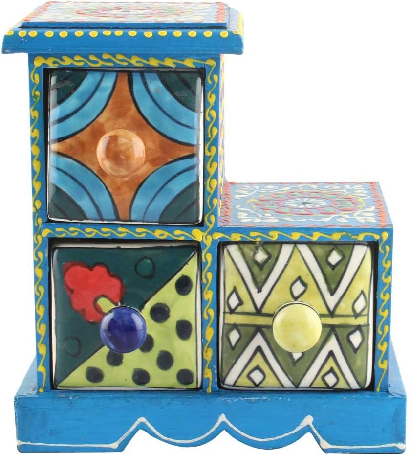 Indian Shelf 1 Piece Vocalforlocal Handmade Multicolor Wooden 3 Step Drawer Floral Pattern Spice Box Seasoning Masala Organizer Rack Jewellery Container