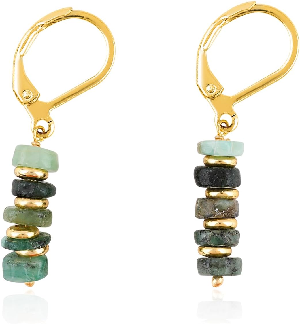 TGH Natural Gemstone Leverback Earrings - Lightweight Beaded Crystal Jewelry - Gold Plated Brass Hypoallergenic - Handmade Gift for Women