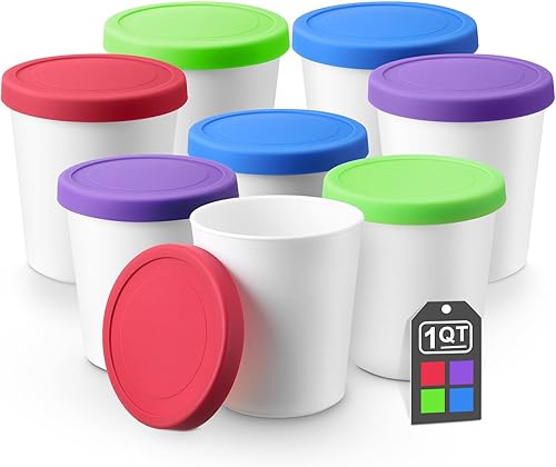 Miniatura 1 de Uiifan 8 recipientes de helado de 1 cuarto de galón para helados caseros reutilizables con tapas de silicona para congelador, recipientes para