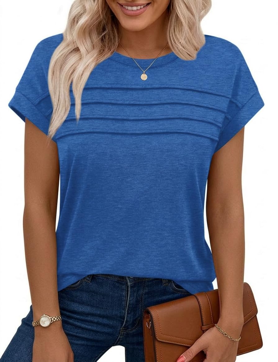 Chicrise Women's Blue Vest Tops Uk Summer Pleated Cap Sleeve Tank Top Crew Neck Sleeveless Basic Casual T Shirt Small 8-10