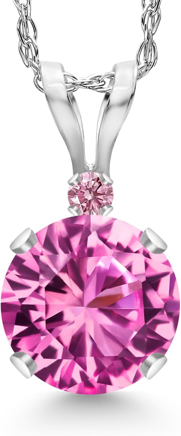 Gem Stone King 14K White Gold Pink Created Sapphire and Pink Lab Grown Diamond Pendant Necklace for Women | 1.02 Cttw | Gemstone September Birthstone | Round 6MM | With 18 Inch Chain