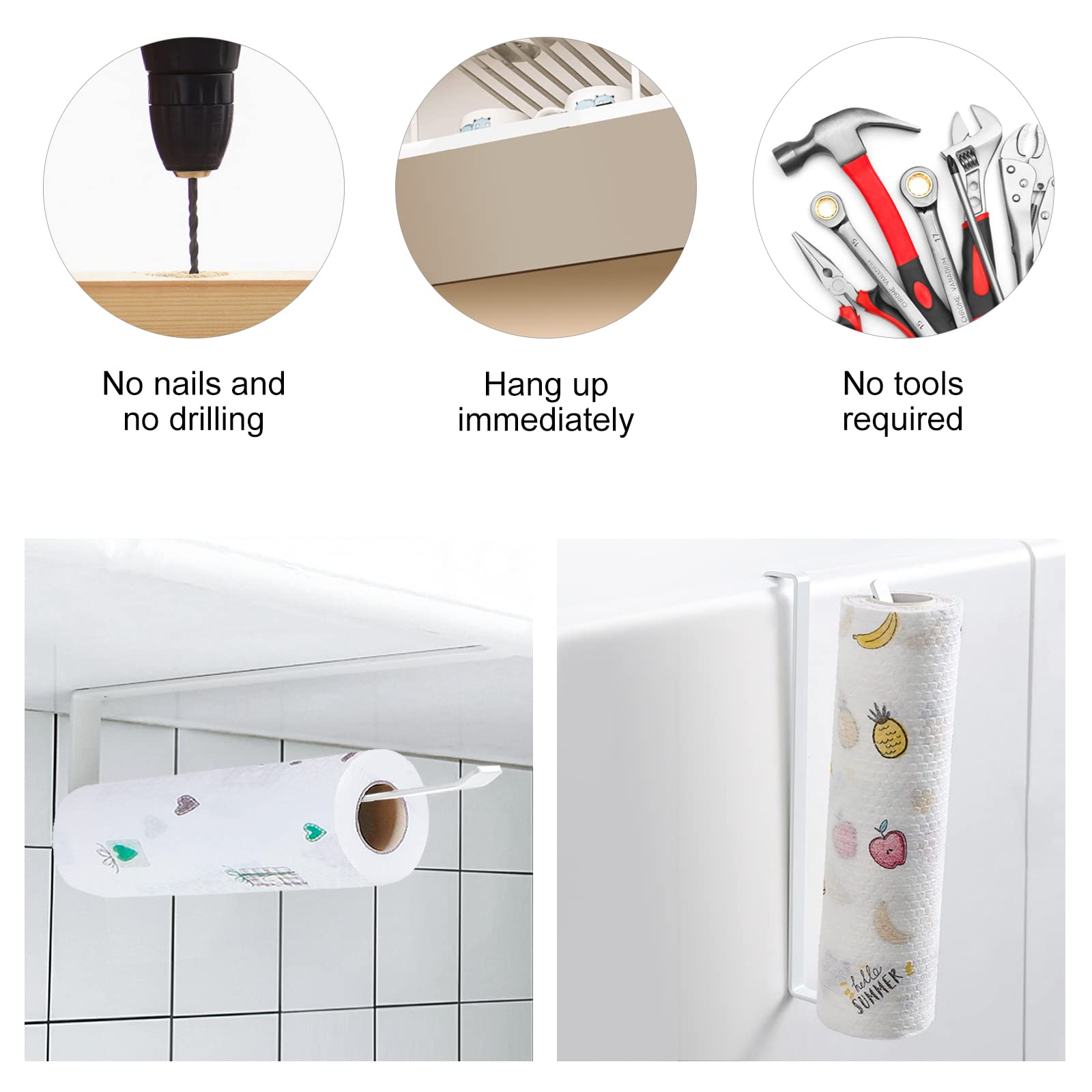 Porte Rouleau Papier Cuisine 2 Pièces Sans Perçage | Support Sopalin Et Film Alimentaire | En Fer Avec Revêtement Blanc | Longueur 27cm | Pour Étagère Ou Comptoir