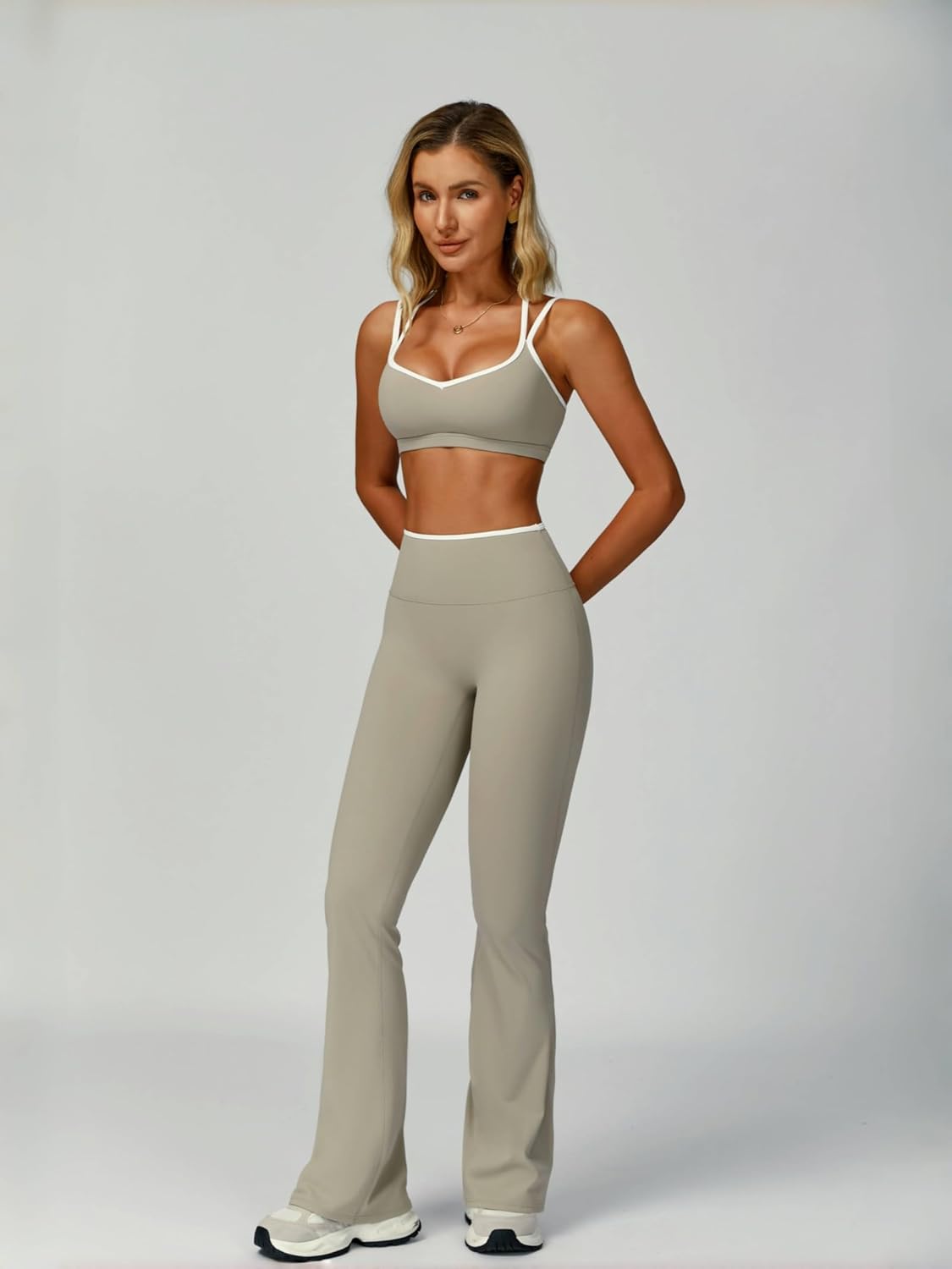 ABOCIW Workout Sets for Women 2 Piece Color Block Strappy Sports Bra High Waist Flare Leggings Gym Yoga Pilates Outfits - Image 3