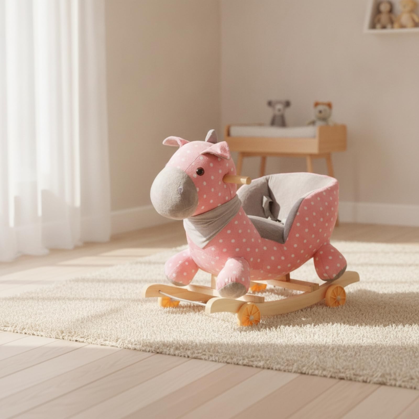 Cavallo a Dondolo con Ruote Morbido Cavalluccio a Dondolo Felpato Robusto Giocattolo per Bambini, Cameretta, color to 2, 60 28 50CM