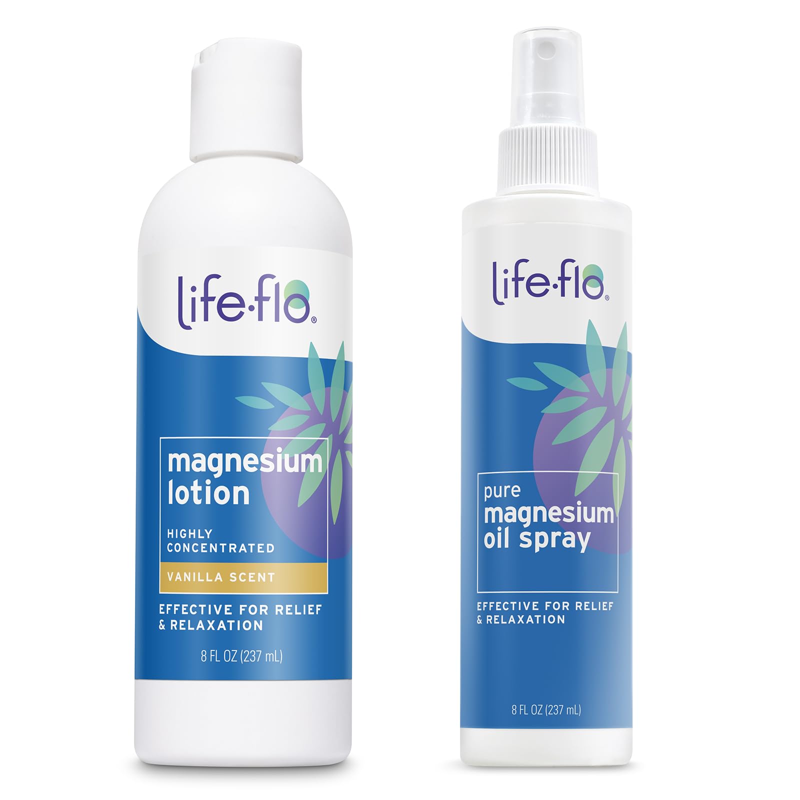 LIFE-FLO Vanilla Magnesium Lotion and Pure Magnesium Oil Spray Bundle - Magnesium Chloride from the Zechstein Seabed - 100% Magnesium Oil for Feet and Body and Vanilla Lotion, 60-Day Guarantee, 8oz ea