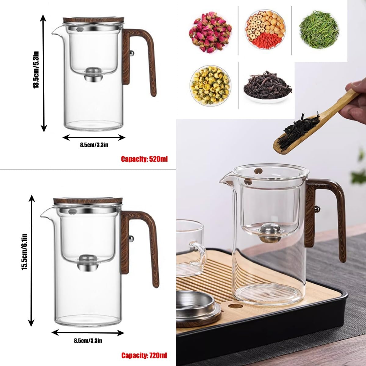 Tetera de brujería con tetera de cristal encantada con colador for té suelto Tetera de brujería con control de prensa Tetera mágica 2 en 1 Tetera de cristal con separación de agua Tetera mágica(720ml)