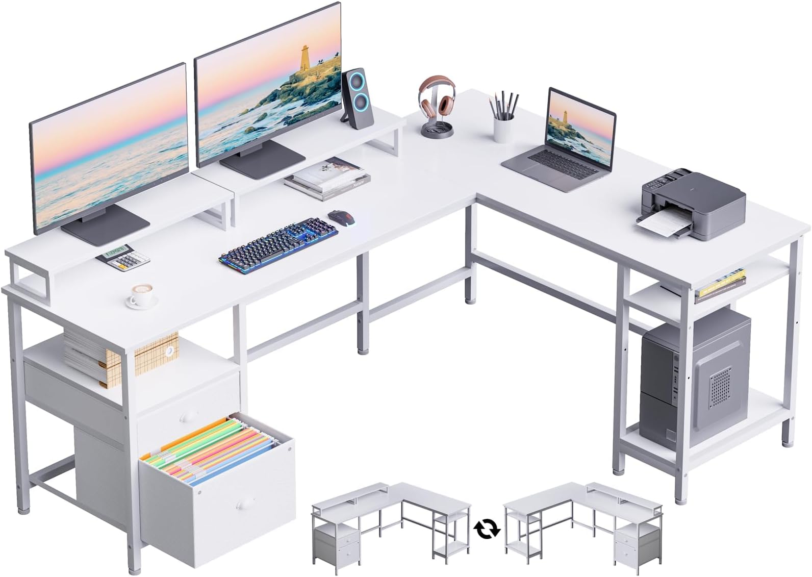Furologee White 66" L Shaped Desk with Shelves, Reversible Corner Computer Desk with File Drawer & Dual Monitor Stand, Large Home Office Table Writing Study Gaming Workstation