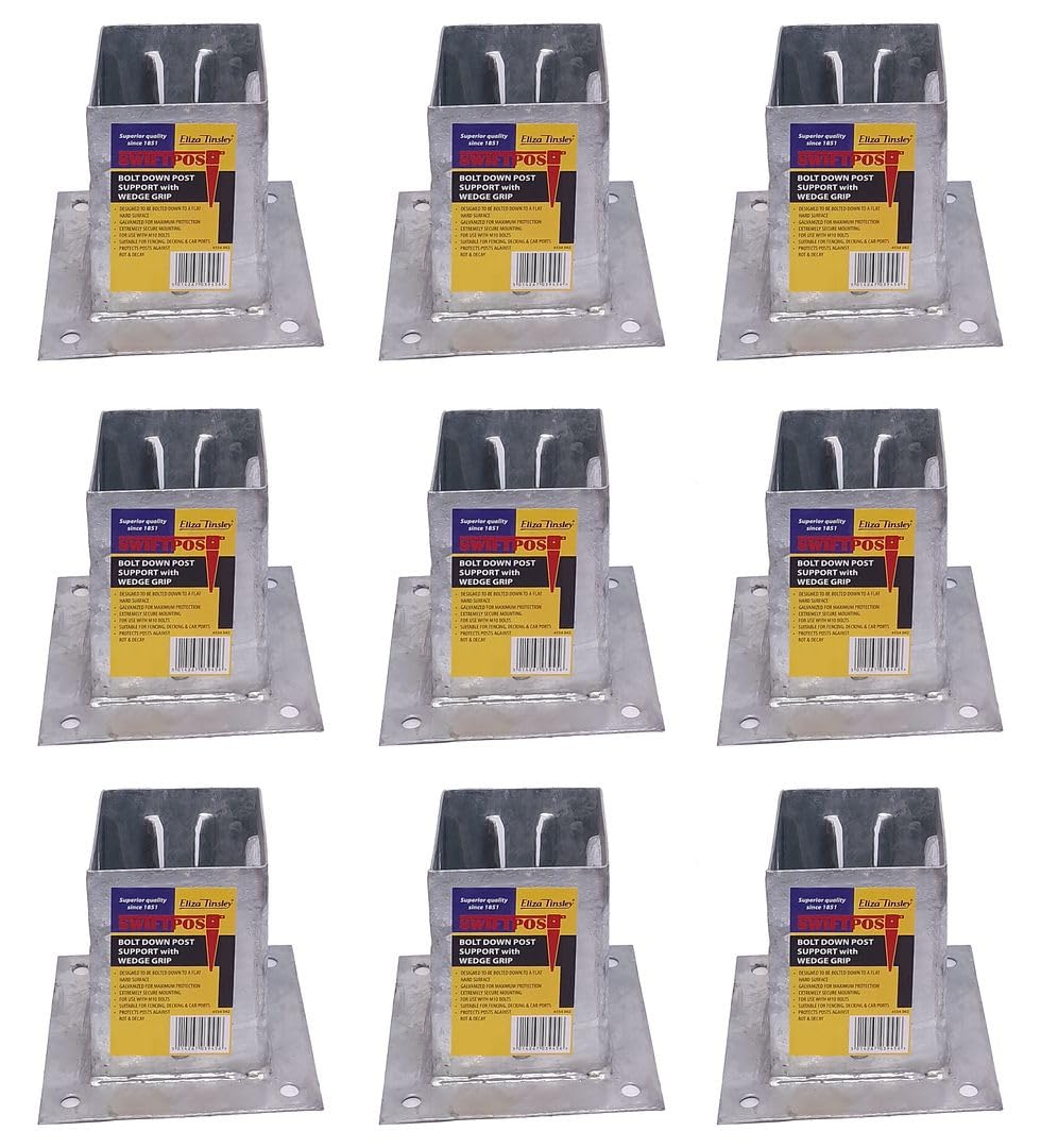 9 x Fence Post Holder 100mm posts Support Bolt Down Shoe Anchor Wedge Grip Galvanised for 100mm x 100mm posts (4") Eliza Tinsley Swiftpost, Pack of 9