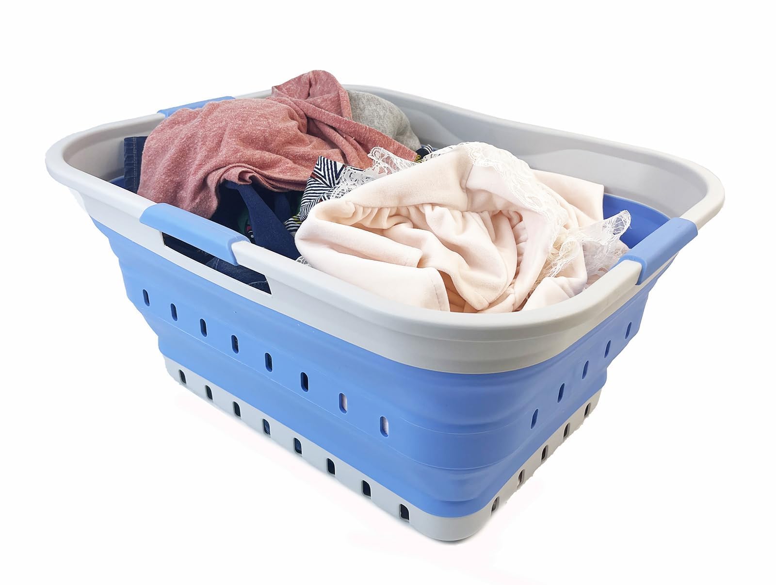 SAMMART 42L Collapsible Plastic Laundry Basket - Foldable Pop Up Storage Container/Organizer - Space Saving Hamper/Basket (Grey/Little Boy Blue)