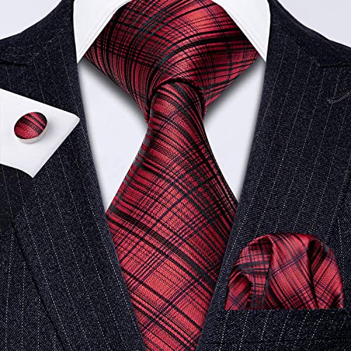 Image of Barry.Wang Tie Sets for Men Silk Stripe Necktie Woven Checkered Handkerchief Cufflinks Formal Business Wedding