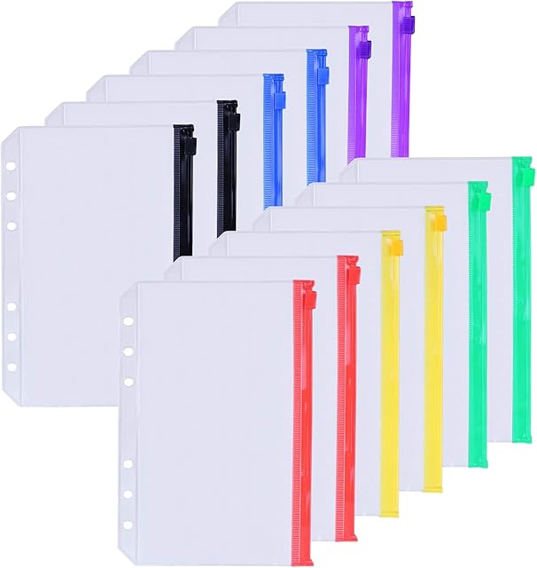 Toplive 12 PCS A5Binder Pockets 6-Hole Document Wallet, Translucent Plastic Binder Zip Folder Waterproof PVC Loose Leaf Bags for Files Documents Notebooks Cards-Colorful