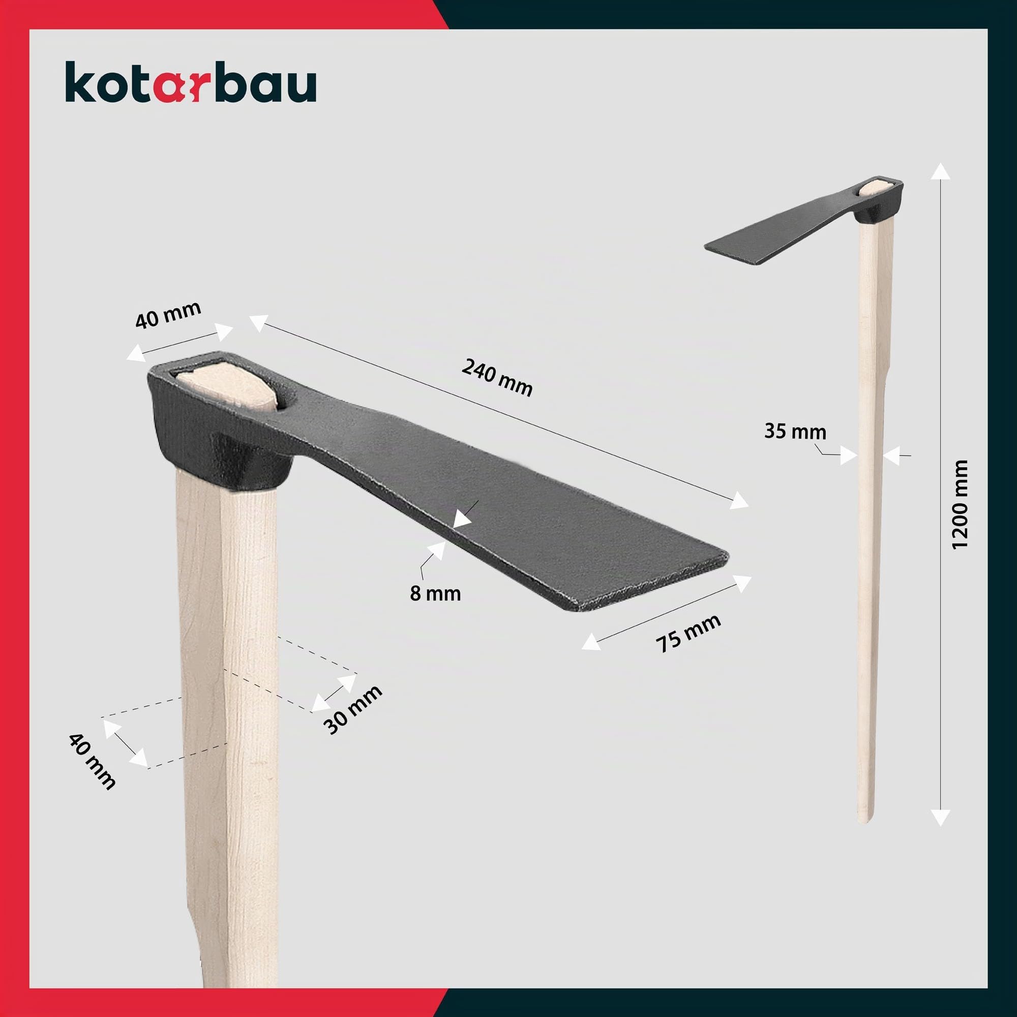 KOTARBAU® Zappa da giardino 23 cm con manico 120 cm in legno, zappa da giardino per trapiantare e diserbo, attrezzo da giardino manuale