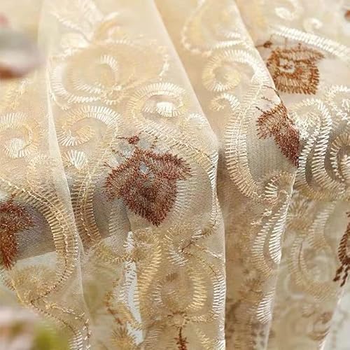 Mi新生活 北欧風 豪華 レースカーテン 【透け感あり】 刺繍 通気性 花柄 【オーダー可能】目隠し効果 通気性 リビング (幅200cm丈176cm 2枚組, ベージュ) [4]