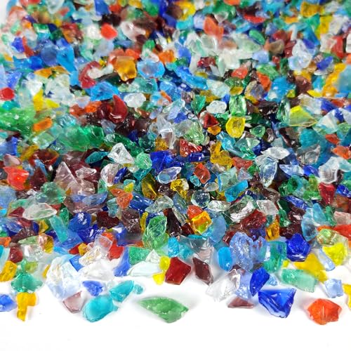 Ocefeiyue Colored Crushed Glass for Resin Art,Broken Fire Glass Pieces for Tabletop Fire Pit,Crafts,Home Decorations Vase Fillers,Mixed Color,15 OZ