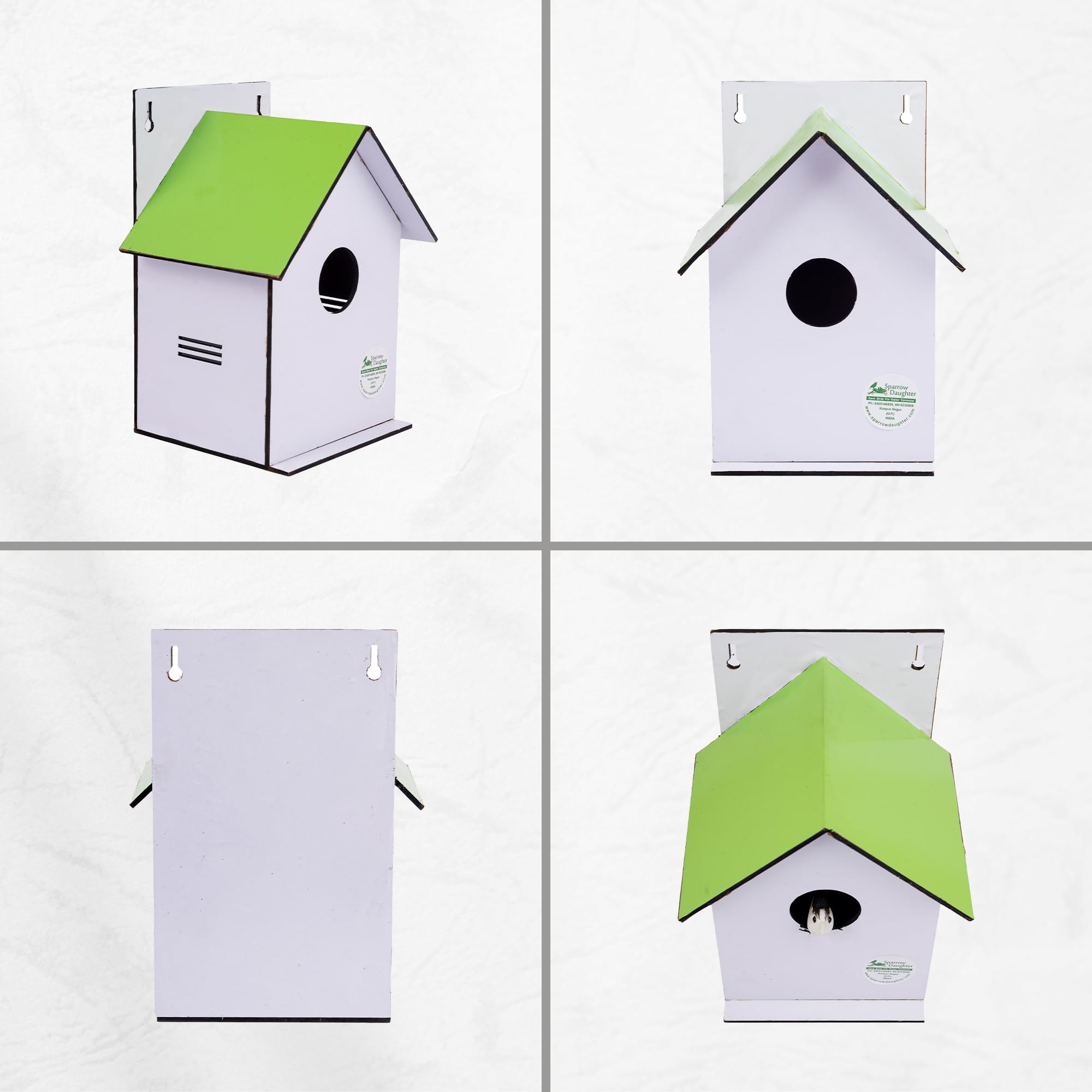 Sparrow Daughter Hut Shape MDF Bird House for House Sparrow, Love Birds, Wooden Bird Nest for Balcony & Garden Hanging, Medium Size,Light Green Color 1