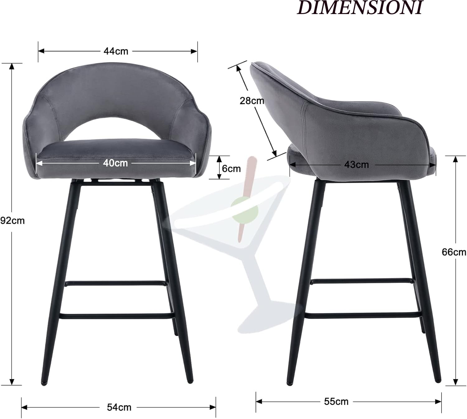 chairus Set di 2 Sgabelli da Bar in Velluto Sgabelli Cucina Sgabelli Alti Sgabello Girevole con Gambe in Metallo per Bancone/Cucina, Grigio