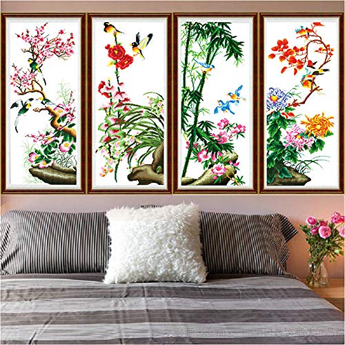 Plum Orchid Bamboo Chrysanthemum Needlework,Cross Stitch,Sets for Embroidery Kits,Precise Printed Pattern Cross-Stitching DIY Handmade