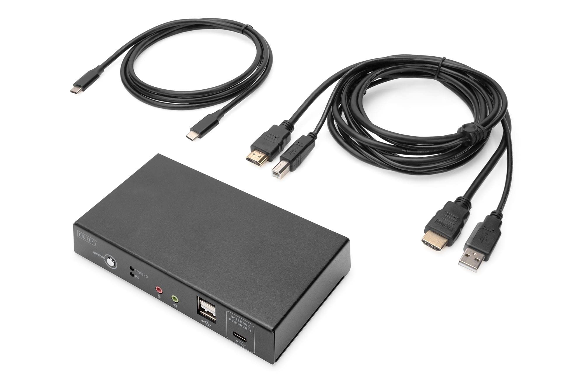 DIGITUS KVM Switch HDMI – USB-C do podłączenia notebooka – 2-portowy pojedynczy wyświetlacz – 2 komputery 1 monitor – 1 mysz, klawiatura i dźwięk dla 2 komputerów – port LAN RJ45 i USB-C – Czarny