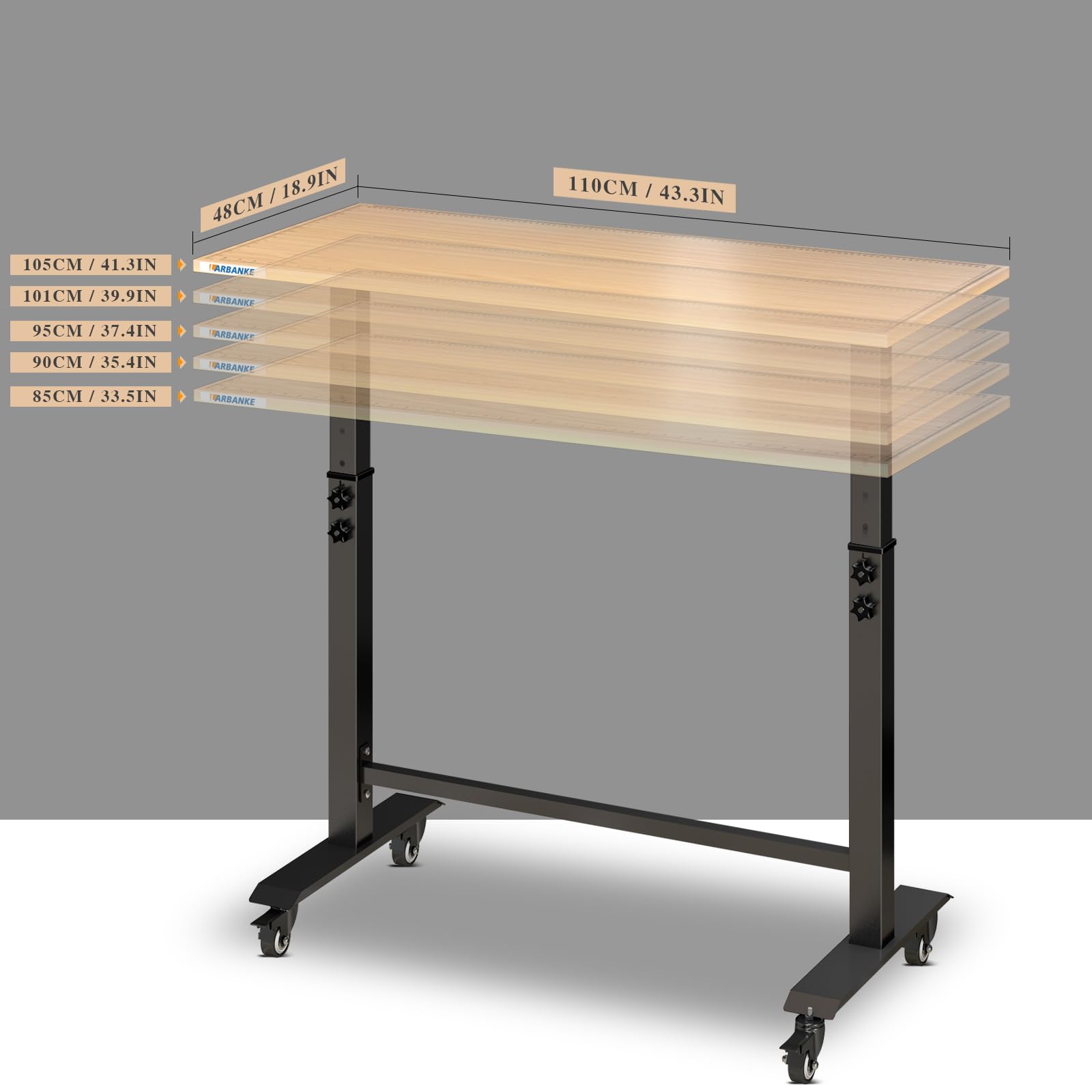 LARBANKE Établi réglable en hauteur (110 cm) avec échelle de précision, table de travail mobile, avec 4 roulettes universelles silencieuses et pieds, réglable sur 6 niveaux (81-106 cm), pour garage et