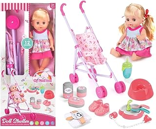 مجموعة العاب عربة اطفال مع 12 مؤثر صوتي وعربة اطفال بلون زهري واكسسوارات، للاعمار من 3 سنوات فما فوق