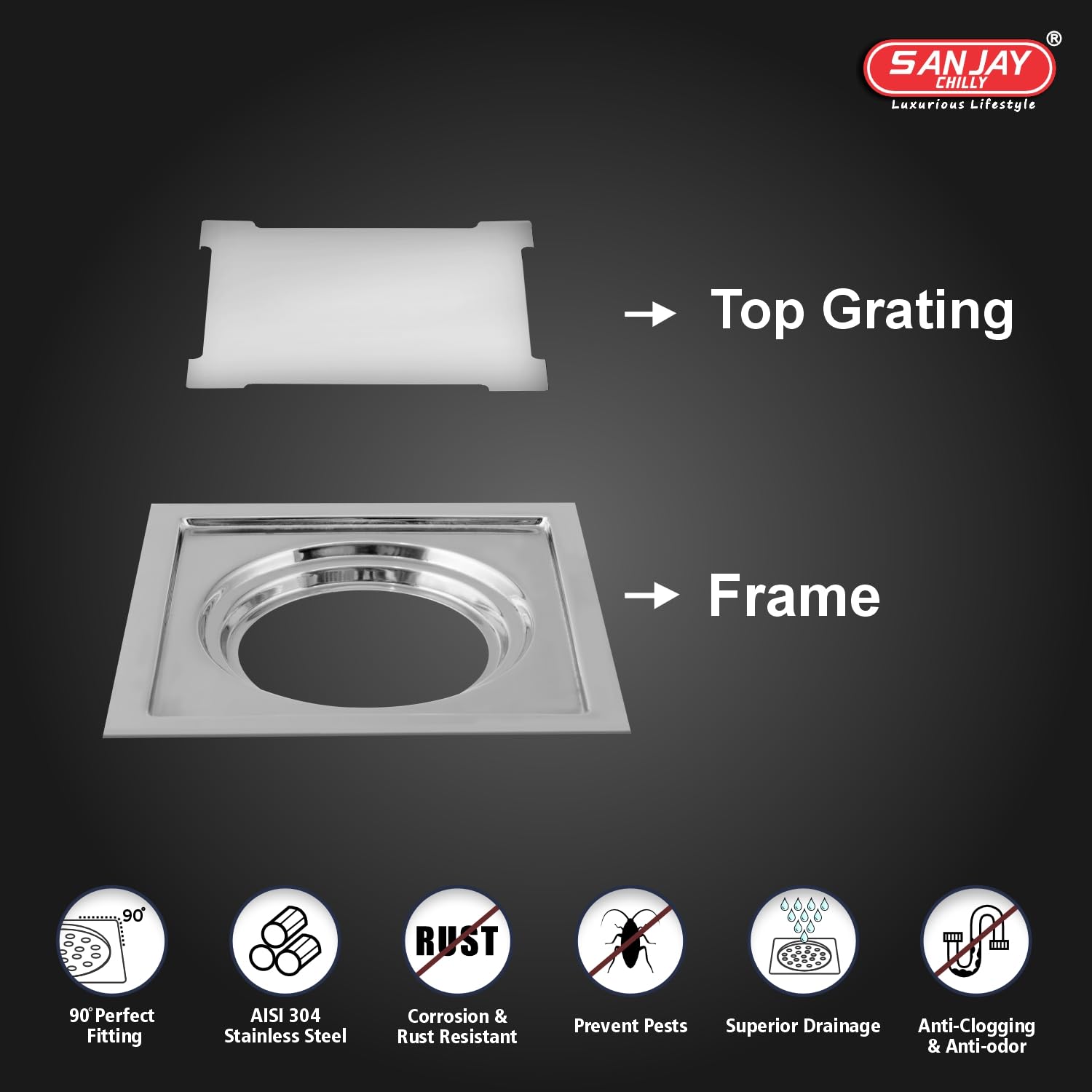 Sanjay Chilly Floor Drain for Bathroom Clean Line Golden Series Floor Drain Strainer Cover Jali 304 Grade Stainless Steel Kitchen Bathroom Gratings Safety from Cockroach & Insects Square (5x5 Inch) 2