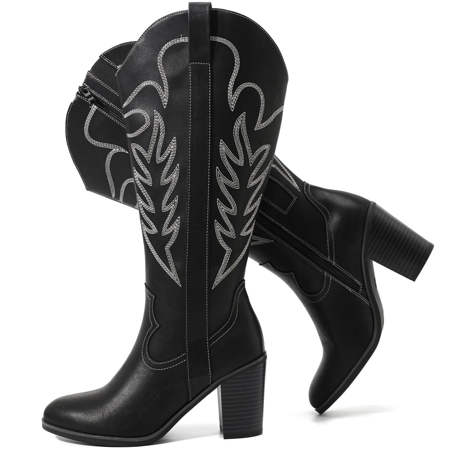 Luoika Womens Extra Wide Calf Cowboy Knee High Boots Wide Width Cowgirl Boots Chunky Pump Heel Plus Size