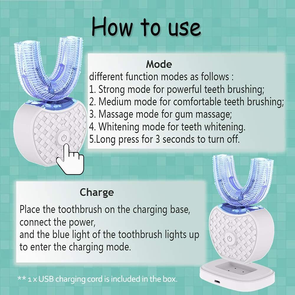 Cepillo de Dientes Ultrasónico Automático, Cepillo de Dientes Eléctrico Ultrasónico 360° para Adultos (Blanco)