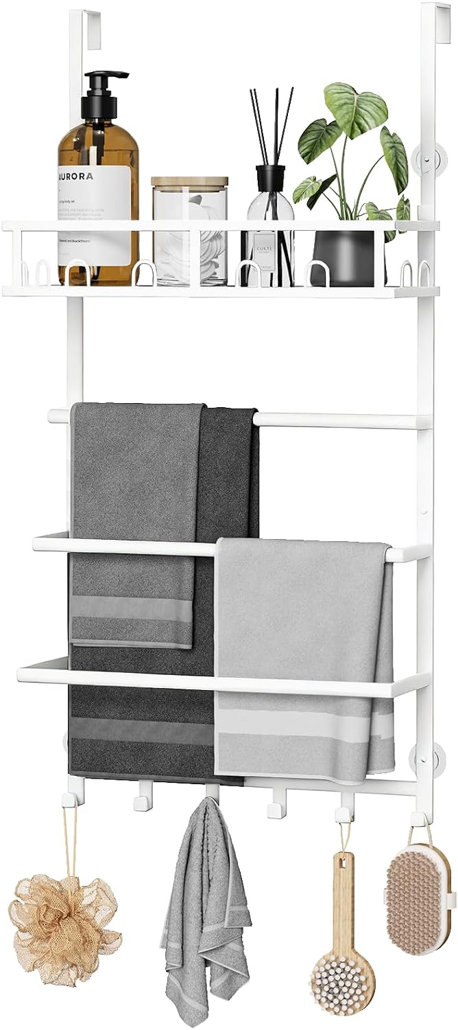 Aetyord Towel Racks for Bathroom Over The Door Towel Rack Towel Storage with Metal Shelf Basket and Hooks White