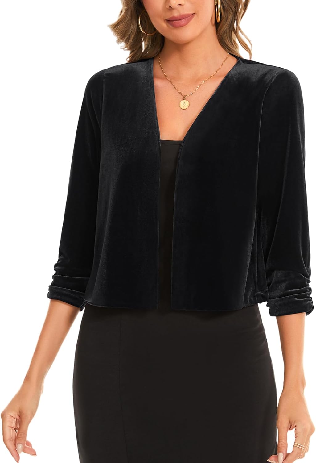 MINTLIMIT Womens Ruched 3/4 Sleeve Velvet Bolero Shrug Top Versatile Open Front Chic Soft Cropped Cardigan for Dress,Black,L