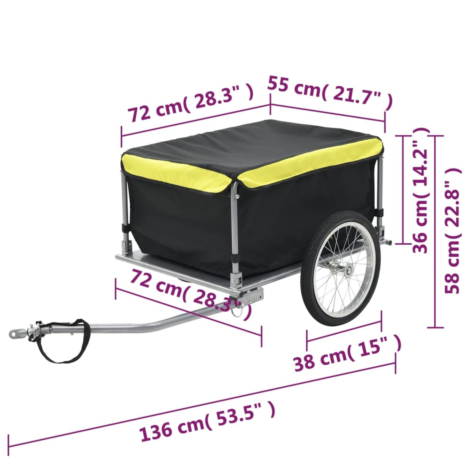 Kavolet Remolque de bicicleta 136 x 72 x 58 cm hasta 65 kg, remolque de carga para bicicleta, barra de tracción plegable, caja de transporte para compras, vacaciones, paseos en bicicleta