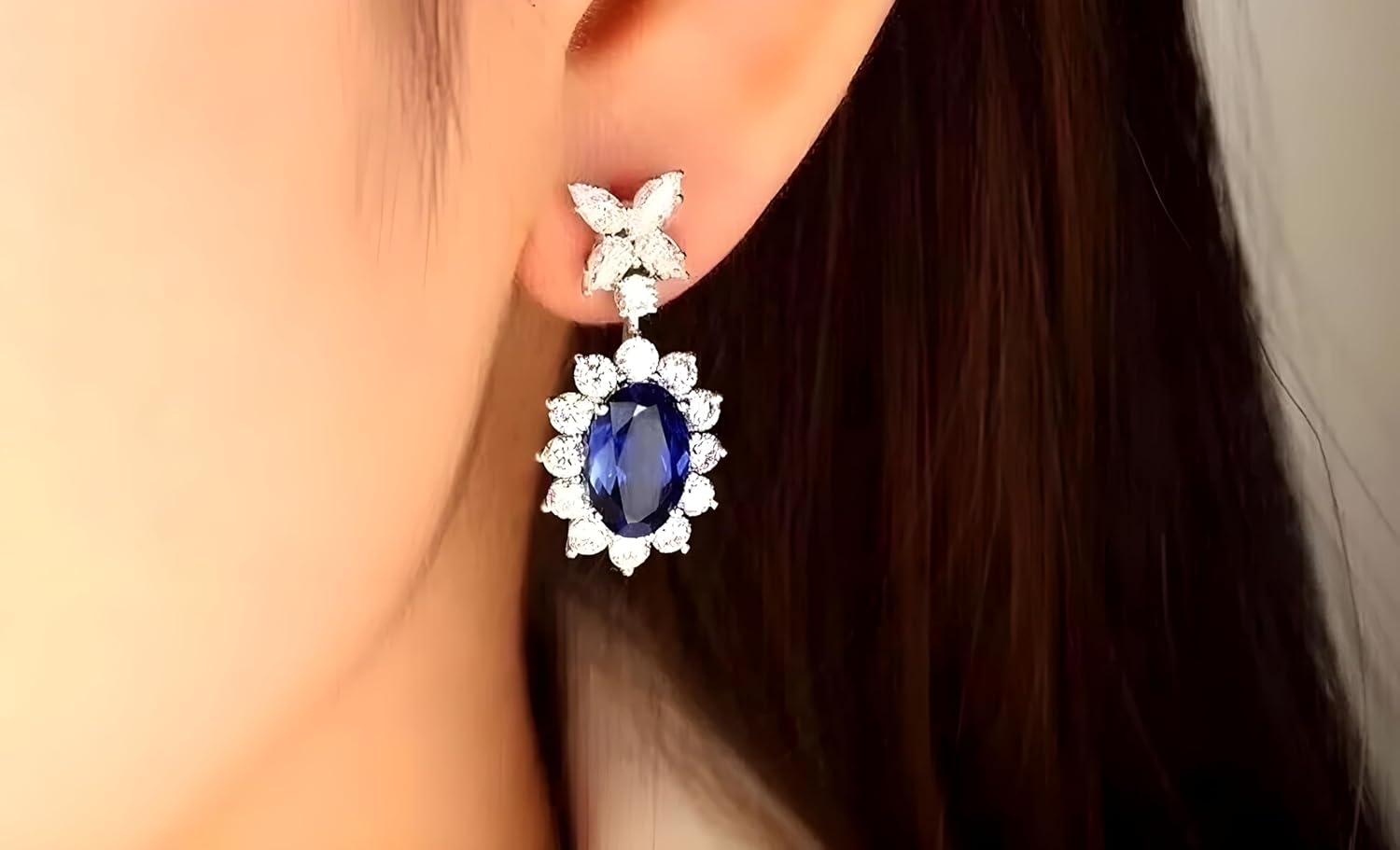 "Art Deco Vintage Lab Created Diamond & Sapphire Drop Earrings in 925 Silver Elegant Wedding Jewelry with D Color VVS1 Clarity Lab Created Diamonds and Deep Blue Sapphires"