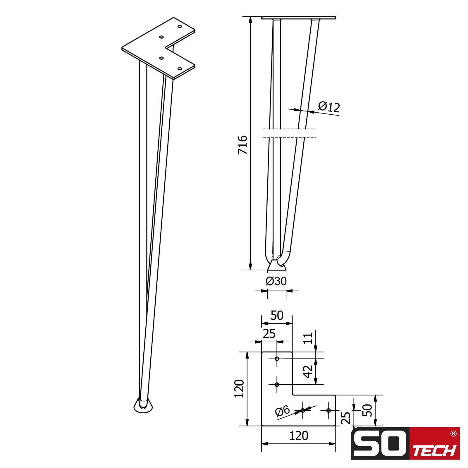SOTECH 4 x Haarnadelbeine schwarz 710 mm
