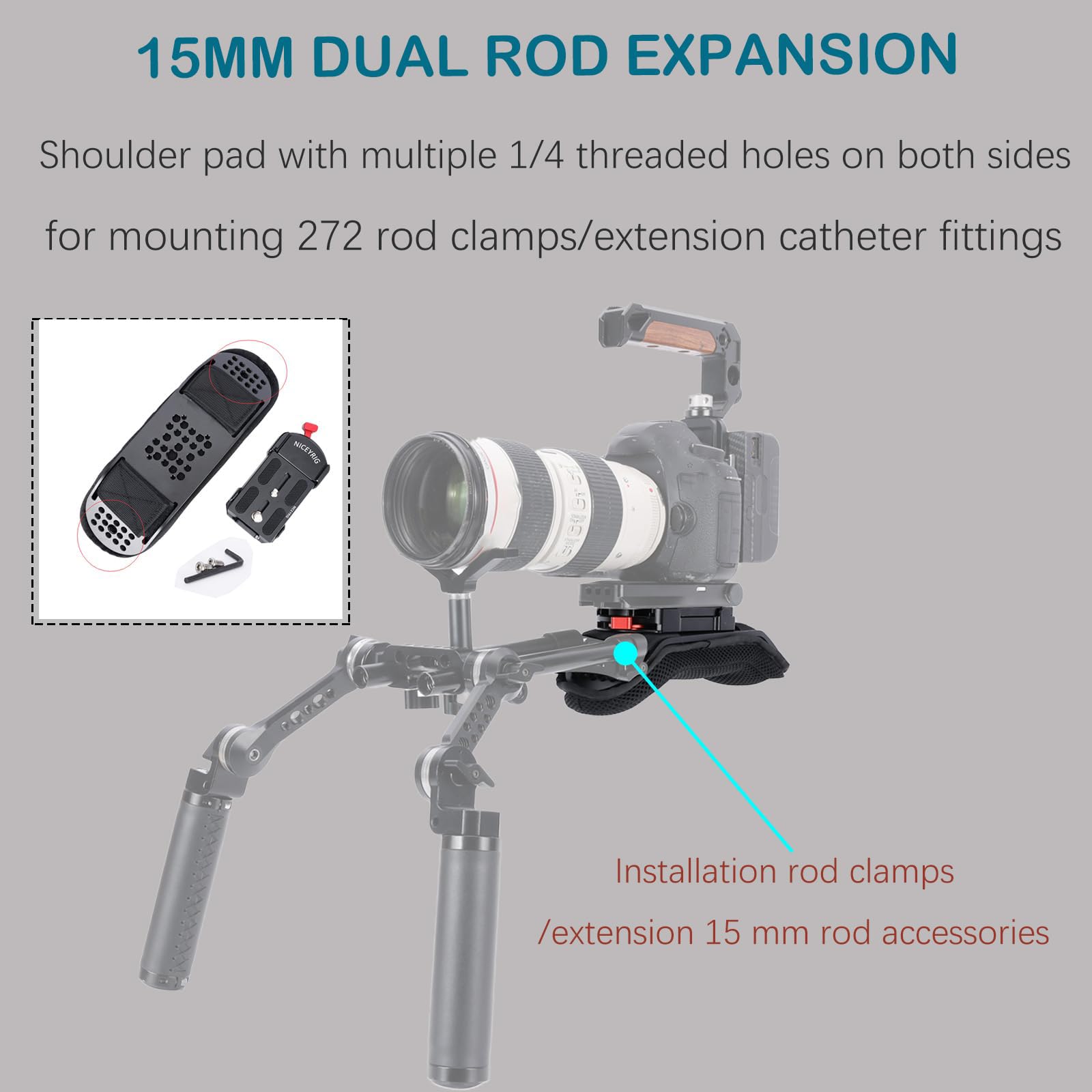 NICEYRIG Kit di supporto a spalla a sgancio rapido per fotocamera, con piastra di base a sgancio rapido per fotocamera DSLR e videocamera, aste da 15 mm, stabilizzatore video per filmmaking