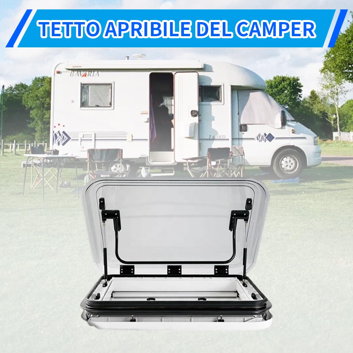 Oblò Tetto Camper Apribile, Lucernario 800x500mm con Luce LED, Ventilazione, Zanzariera e Tendina, Lega Alluminio per Roulotte e Food Truck