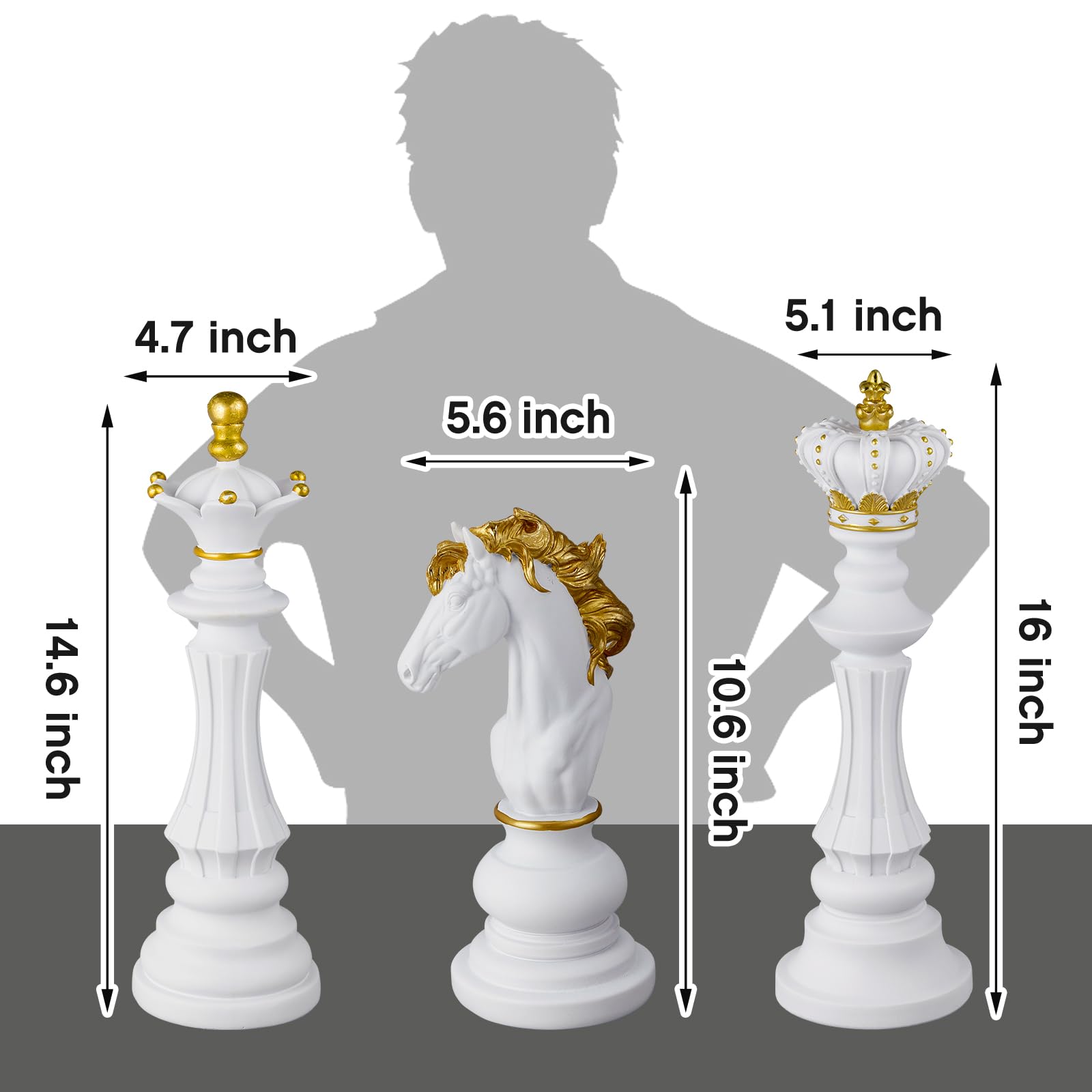 3-teiliges großes Schachfiguren-Dekor-Set, 26,7 cm, 37,7 cm, Königin, Ritter, Schachfigur, Ornament, Geschenk für Zuhause, Büro, Schreibtisch, Tisch, Schrank (weiß)