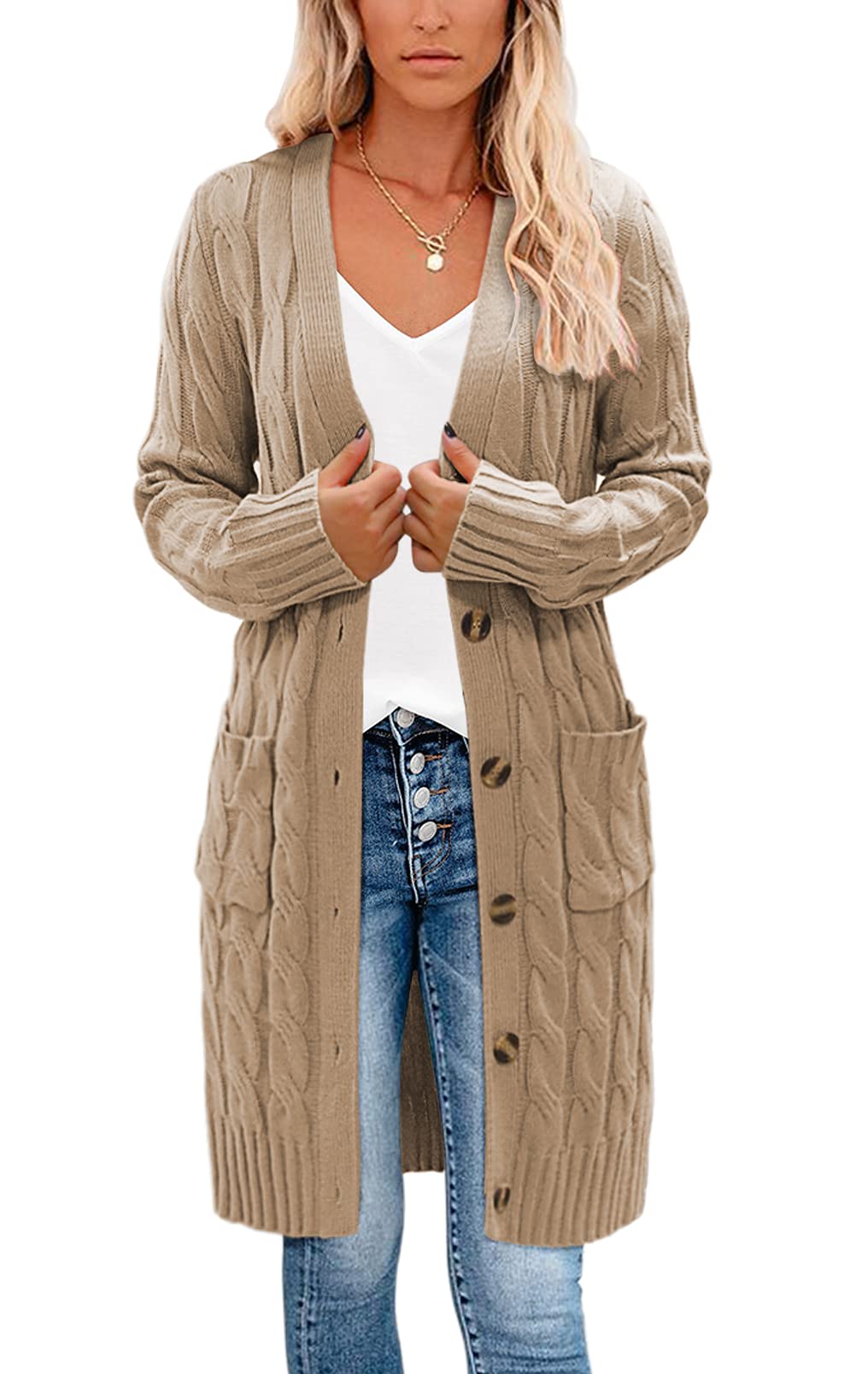 YUOIOYUWomens Open Front Cable Knit Cardigan Button Down Long Sweater Outwear with Pockets