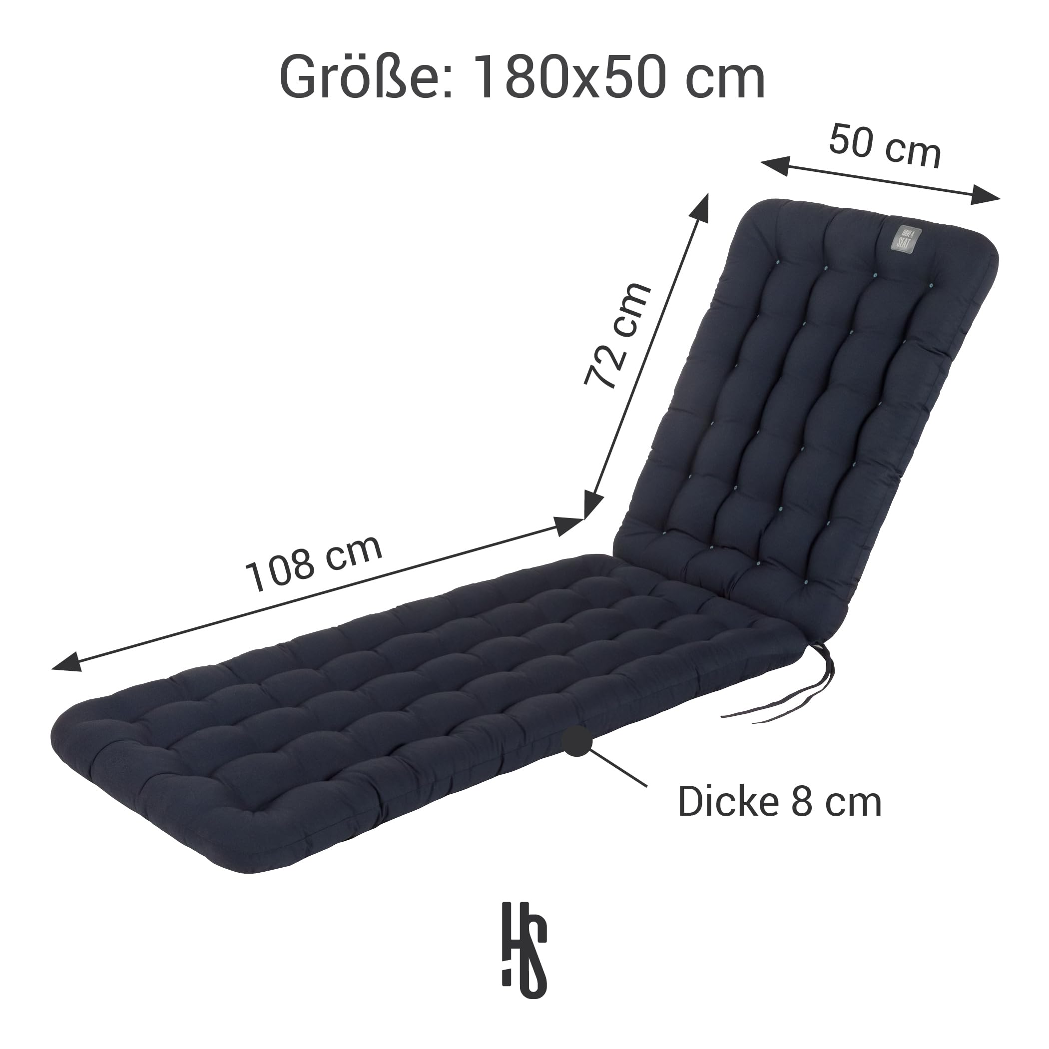 Auflage für Deckchair 180x50 cm - Bequeme Liegestuhl Auflage, 8 cm Dick - Waschbar bis 95°C, Orthopädisch, Wetterfest - Made in Germany (180x50 cm, Marine Blau)