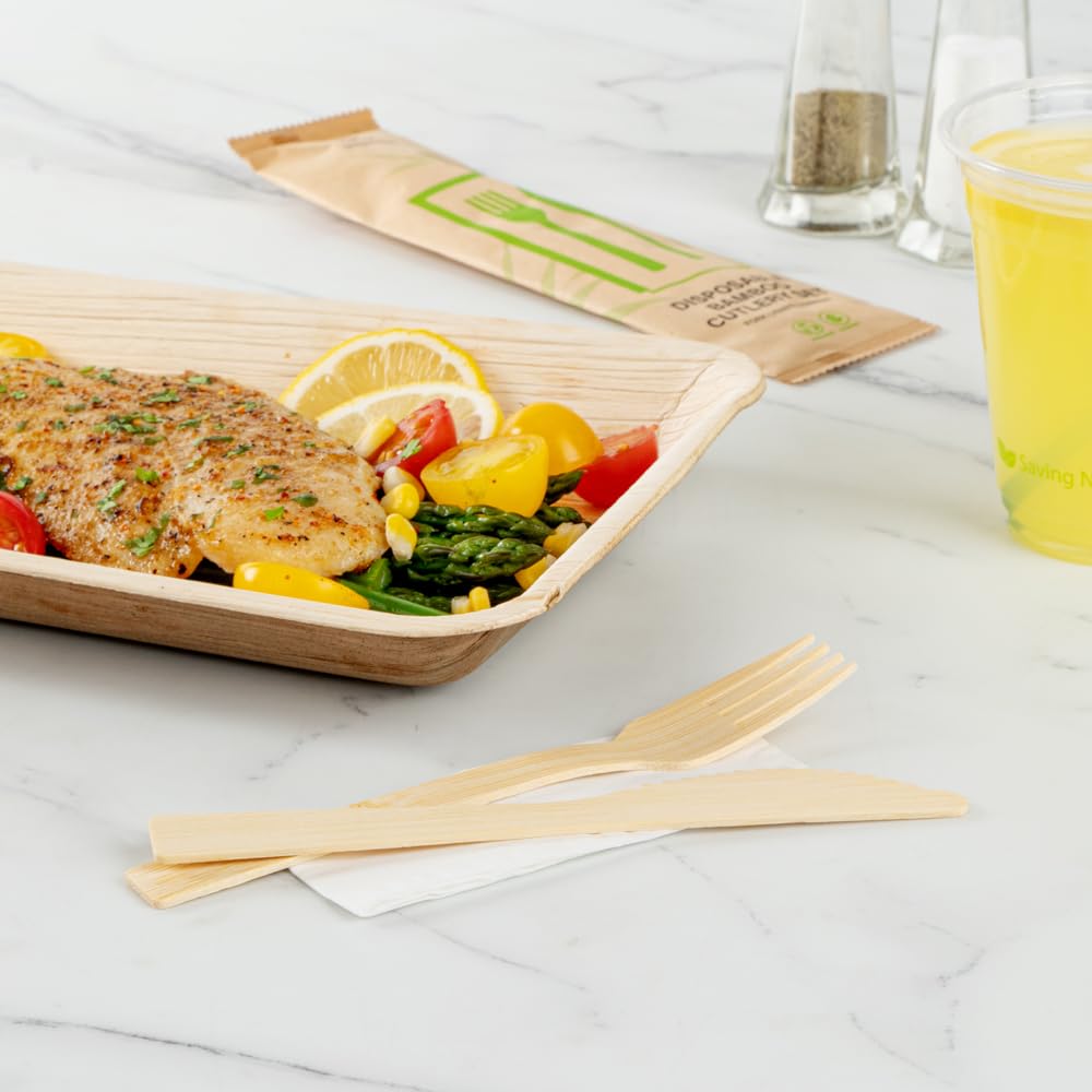 Restaurantware Bambuddha - Juego de utensilios de bambú de 7 pulgadas, 500 artículos de bambú desechables, tenedor, cuchillo y servilleta, acabado suave, cubiertos sostenibles de bambú que resisten el