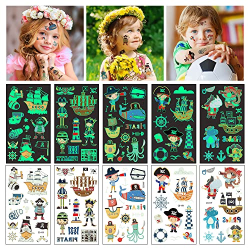 Aomig Tatouage Temporaire Enfant, 10 Feuilles Brillent Dans le Noir Lumineux Tatouage Sticker Ephémère, Fluorescent Mixte Tatouages Ephemere Kit, Cadea Décoration de Fête Garçon Fille(Petit Pirate)