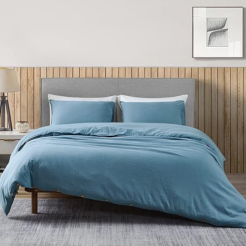 DAPU Juego de funda de edredón de lino tamaño Queen, ropa de cama ligera lavada con cierres de botones, 3 piezas hipoalergénicas de mezcla de