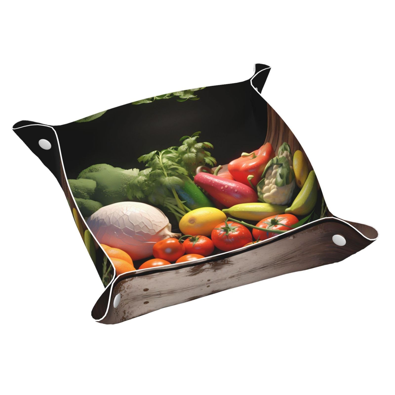 Yyhhaofa White Vegetable Fruit Prints Leather Storage Tray Waterproof And Easy To Clean For Neatly Keys, Watch, Makeup And Other Small Items M