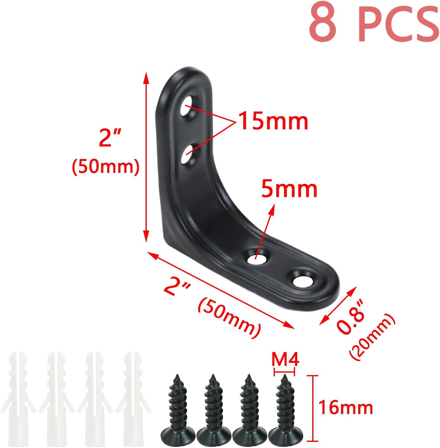 Dnyta 8pcs Stainless Steel L Shape Shelf Bracket 2 Inch Black Angle Brackets Wall Mount 90 Degree Triangle Black Corner Braces for Wood,Cabinet,Shelves