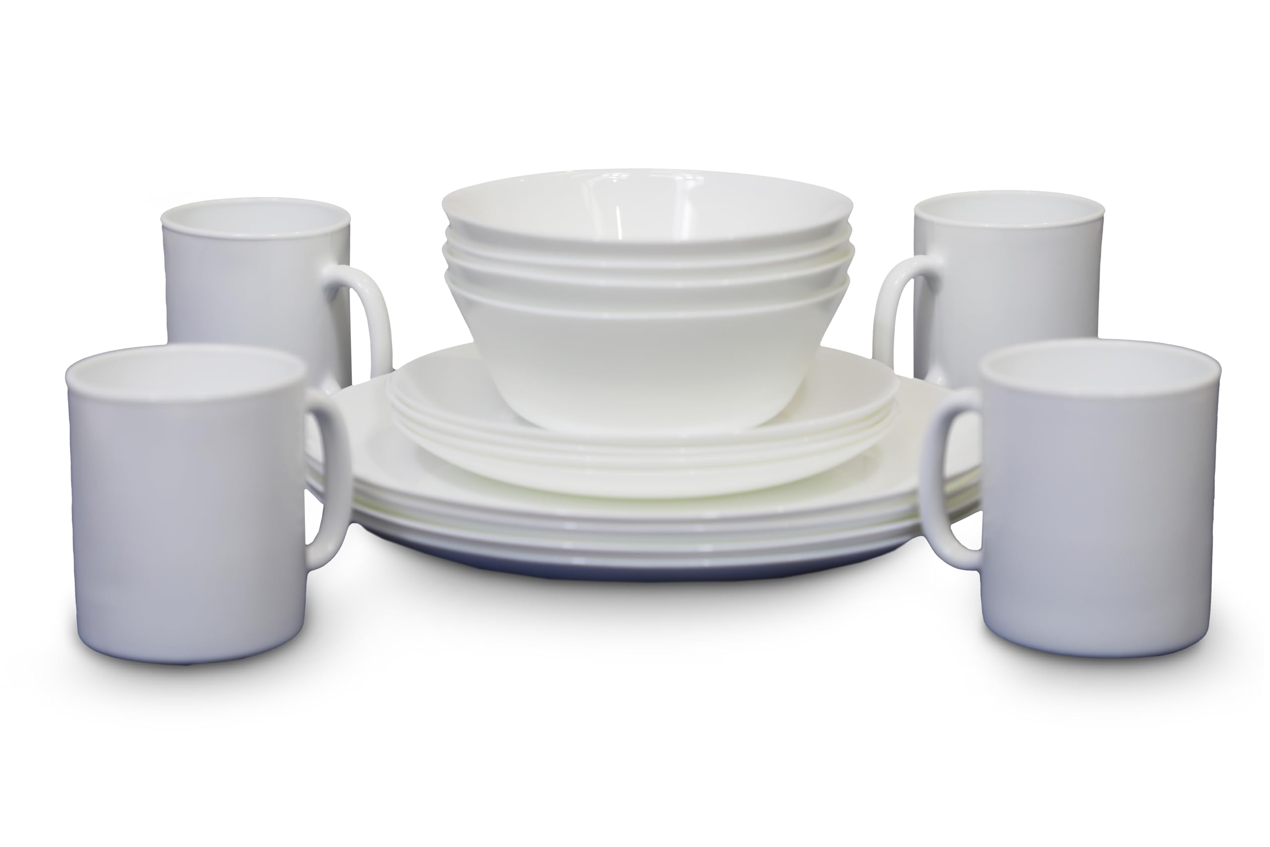 Vango Opal 16 Piece Dinnerware Tempered Glass Dining Set: 4 Dinner Plates, 4 Side Plates, 4 Bowls, 4 Mugs, Dishwasher & Microwave Safe