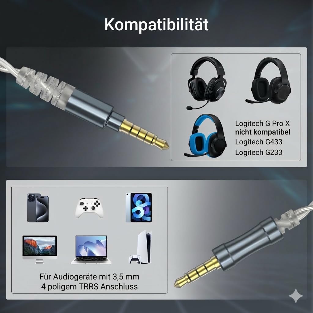 Cubilux 3,5mm TRRRS Klinkenkabel Ersatz für Logitech G Pro/X/X 2, G433, G233 Headset-Kabel mit Mic-Stummschaltung & Lautstärkeregelung, 1,2 m